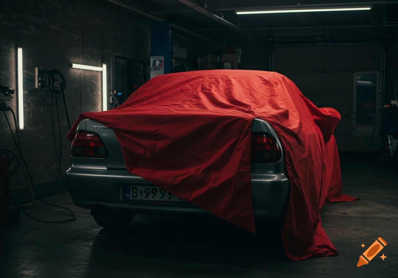 Rear view of a silver car covered by a red tarp in a dimly lit garage.