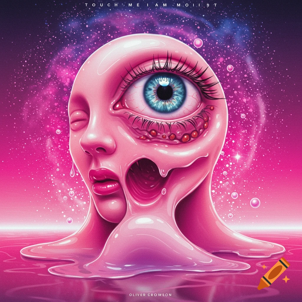 A surreal melting pink head with a large eye floats in pink liquid under a starry sky.