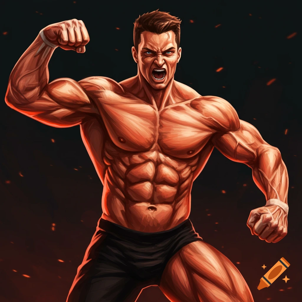 Illustrative rendering of a muscular man flexing and yelling.