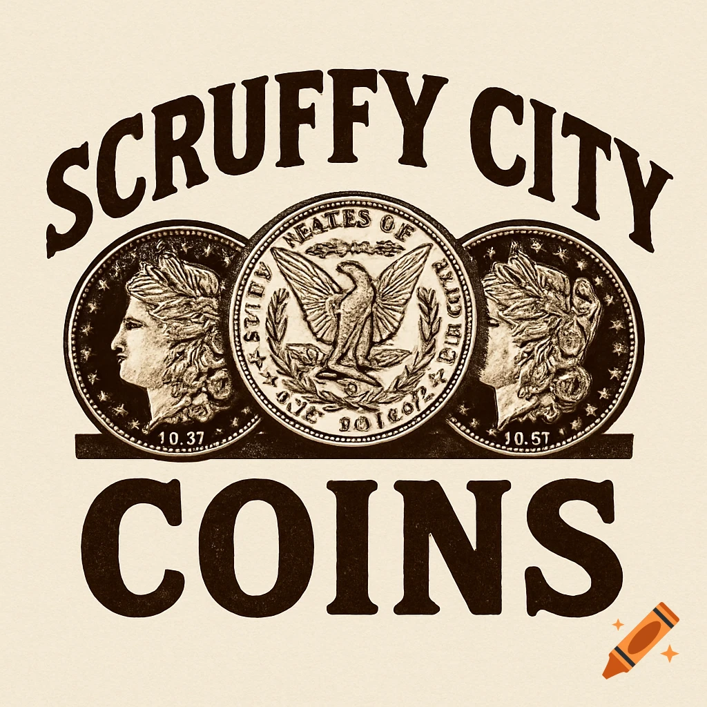 Logo with arched text 'Scruffy City' above three coins, and 'Coins' below.