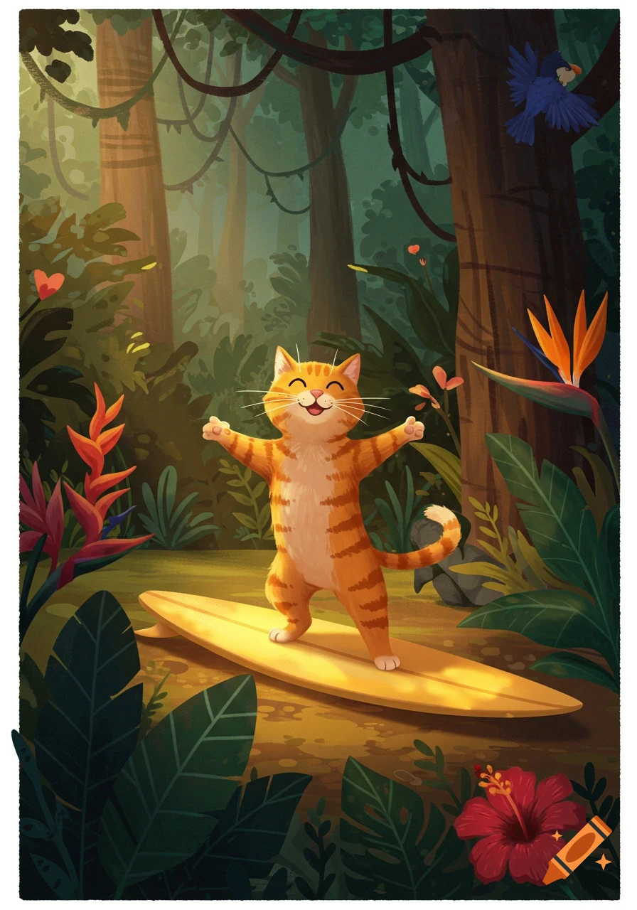 A cheerful illustration of an orange cat surfing on a board in a lush tropical jungle with flowers and a bird.