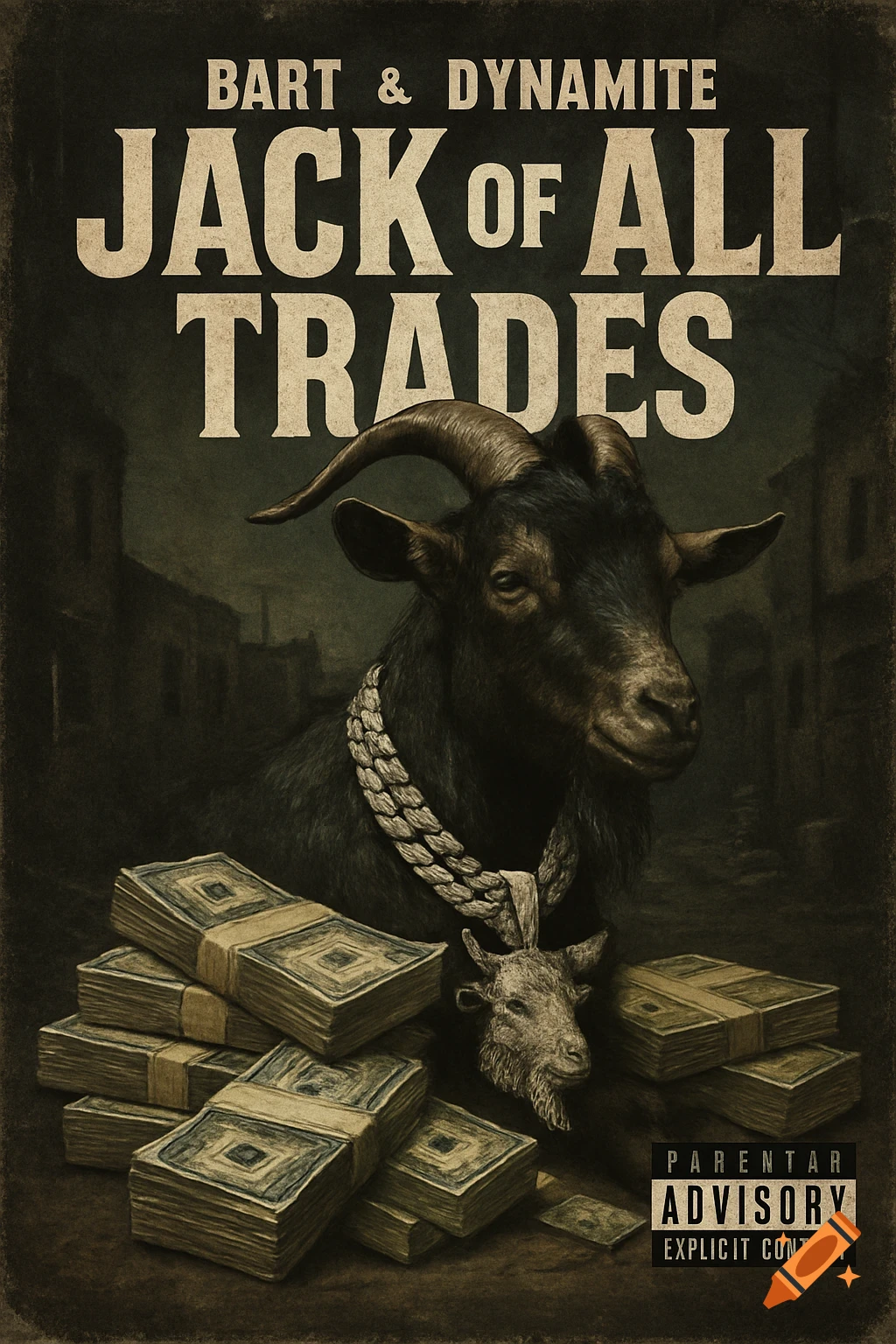 Vintage rap album art of a goat with a chain, stacks of money, and text.