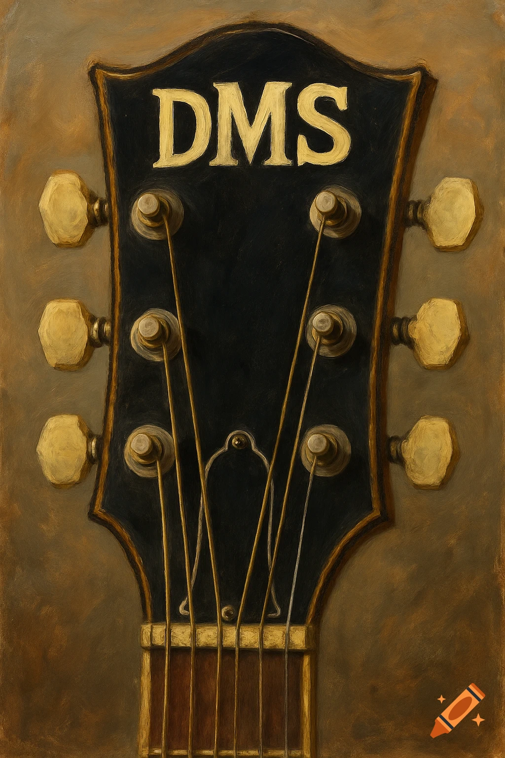 Close-up painting of a guitar headstock with 'DMS' logo