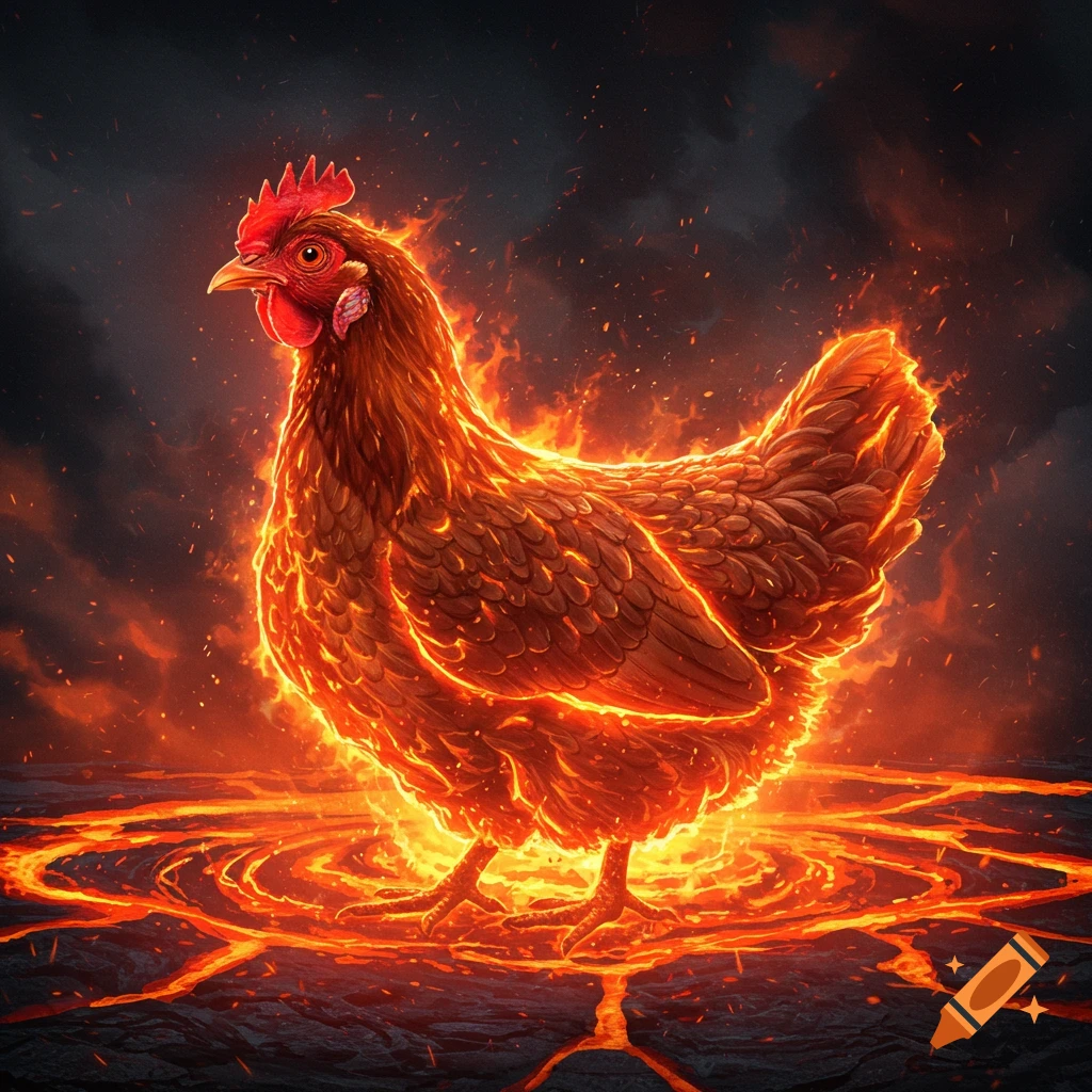 A chicken is engulfed in flames, standing on a lava-cracked surface.