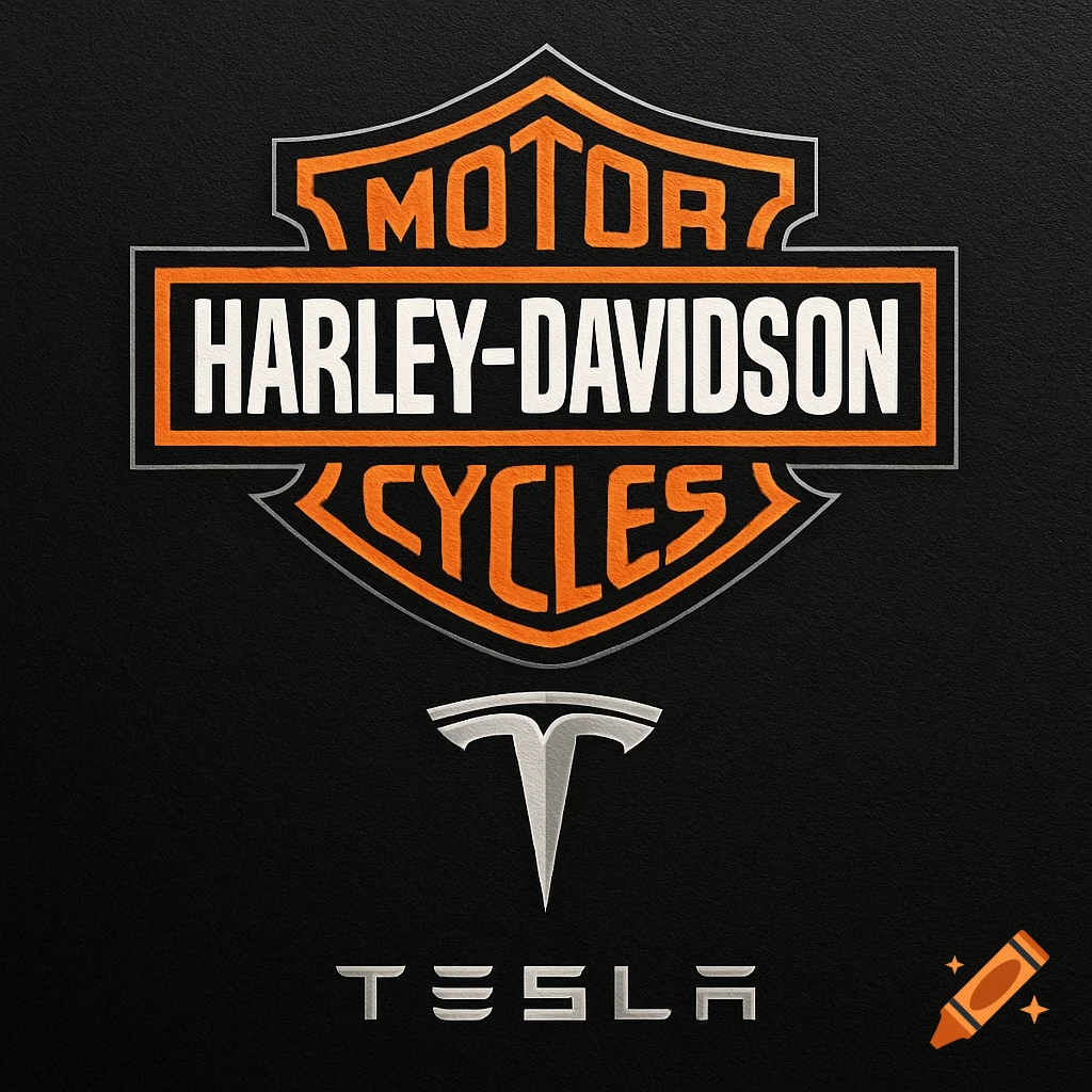 Harley-Davidson shield logo above the Tesla T and text logos.