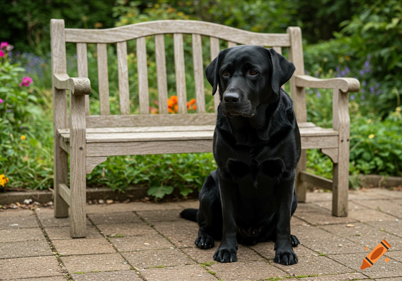 A black labrador sits on a patio in front of a garden bench.