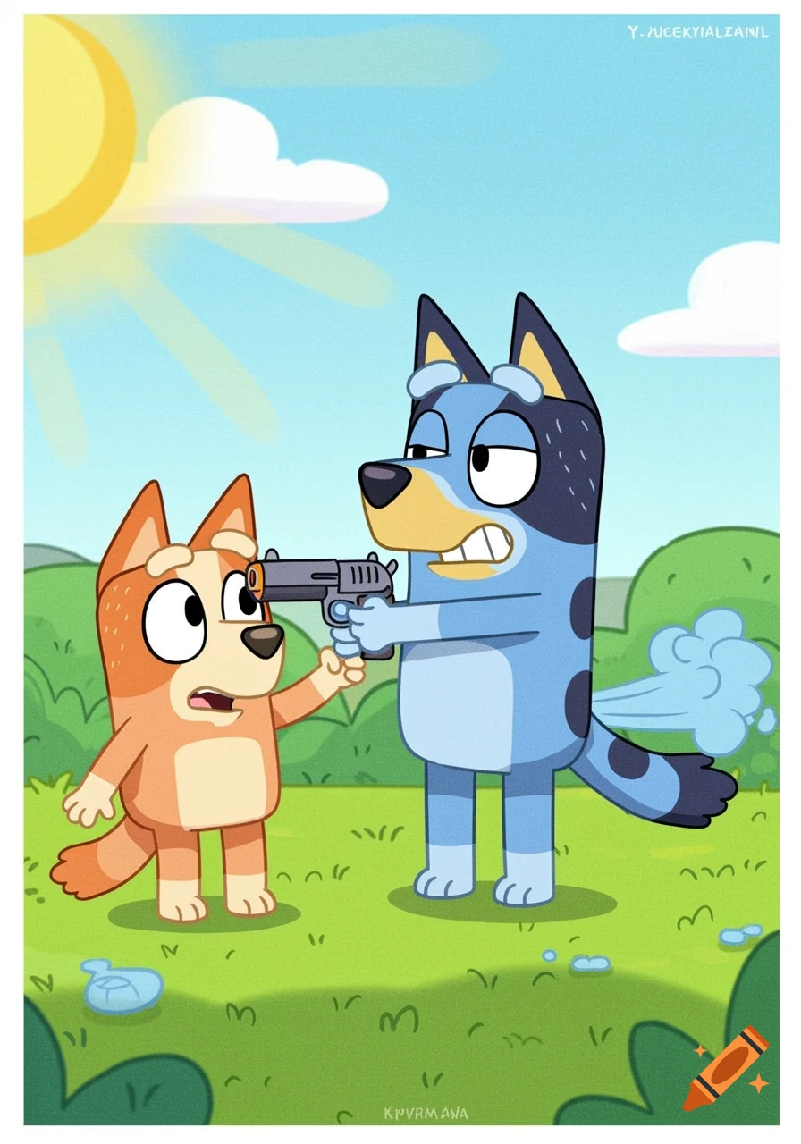 Bluey cartoon character points a gun at another character while farting in a grassy park.