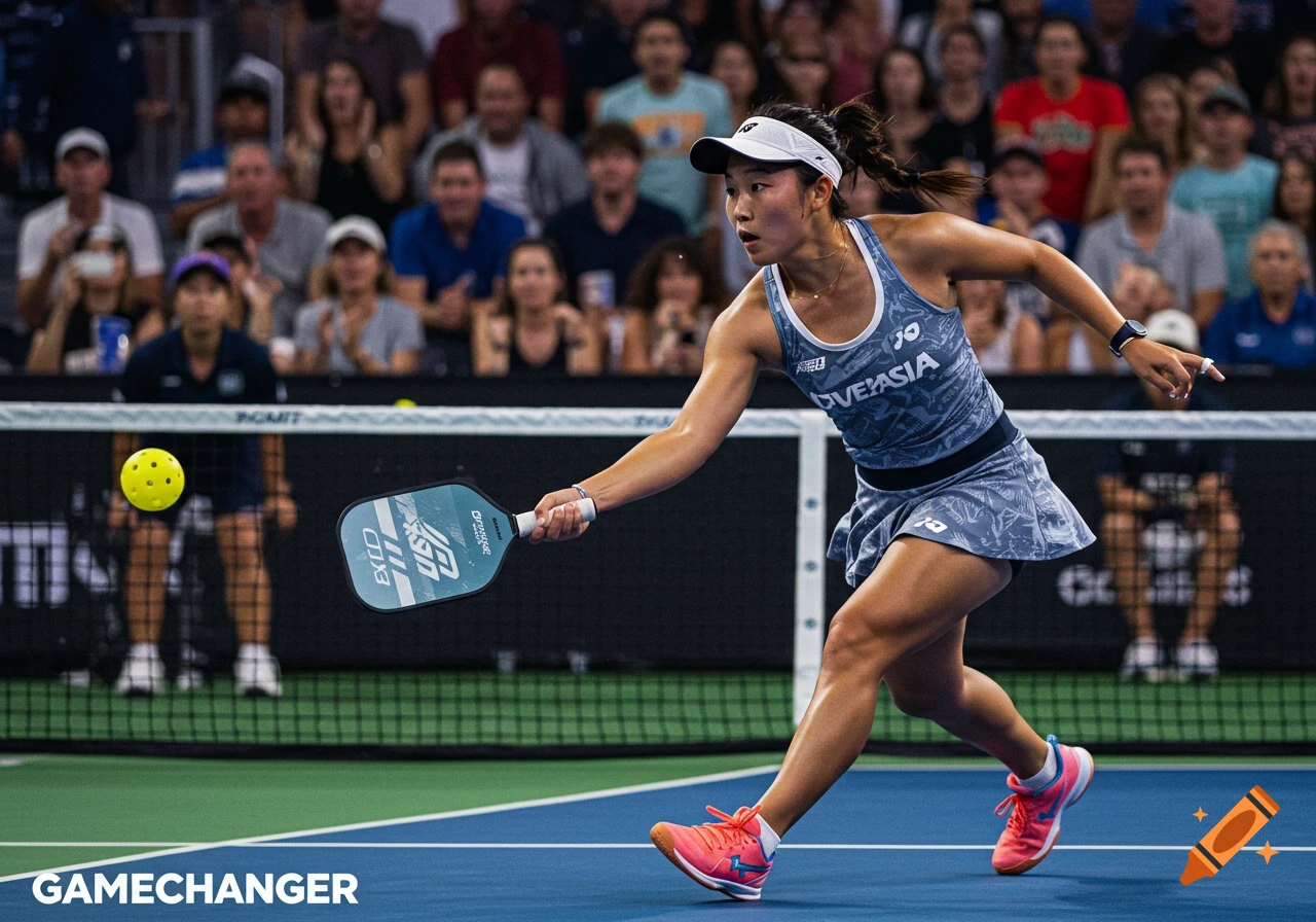 A female athlete plays pickleball, hitting the ball with a paddle during a match in front of spectators.