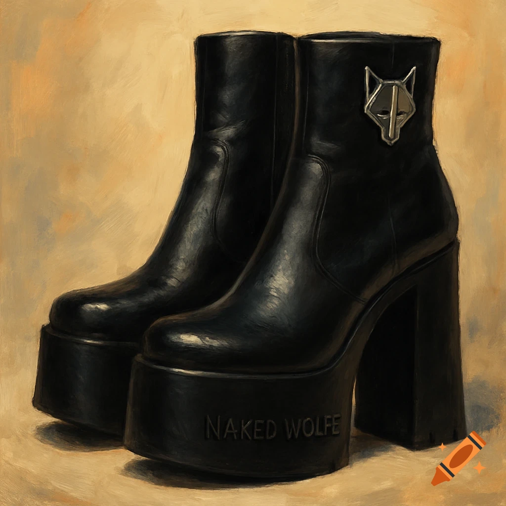 Painting of a pair of black platform boots with a silver wolf emblem and 'NAKED WOLFE' text on the platform.