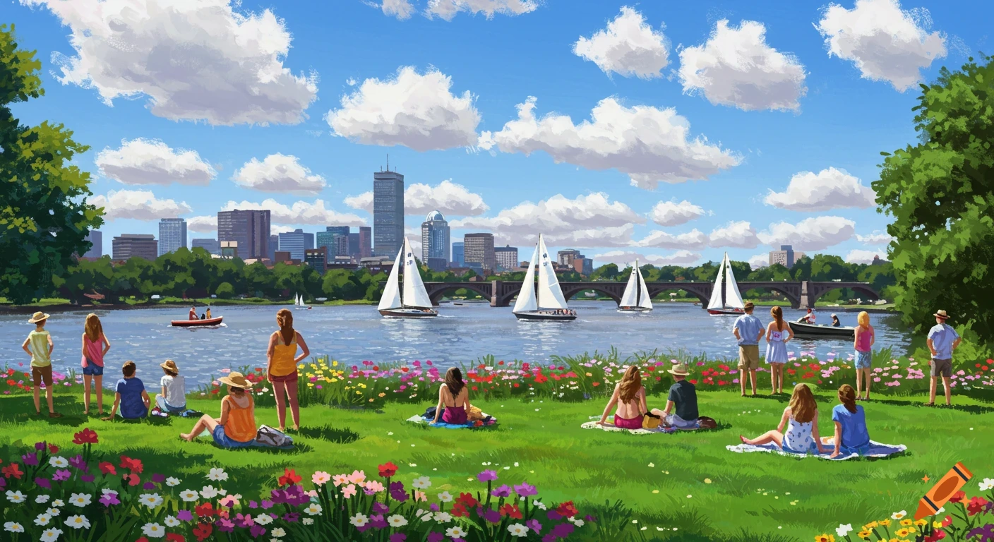 Illustrated scene of people enjoying a sunny day by a river with sailboats, a bridge, and a city skyline in the background.