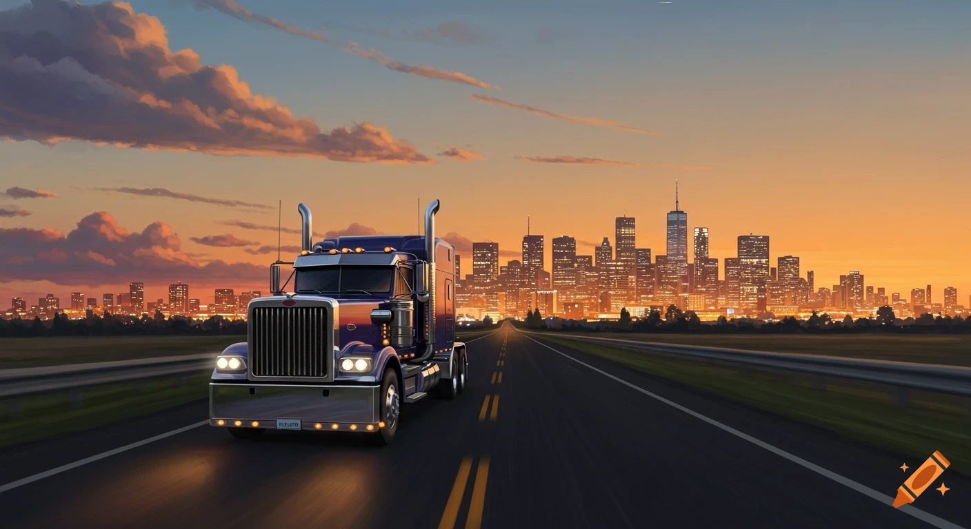 Purple semi-truck drives towards a city skyline at sunset on a highway, illustrated.