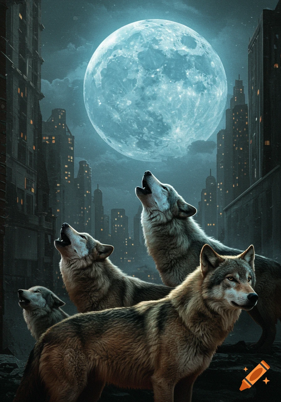 A pack of wolves howl at a giant full moon rising above a city skyline at night.