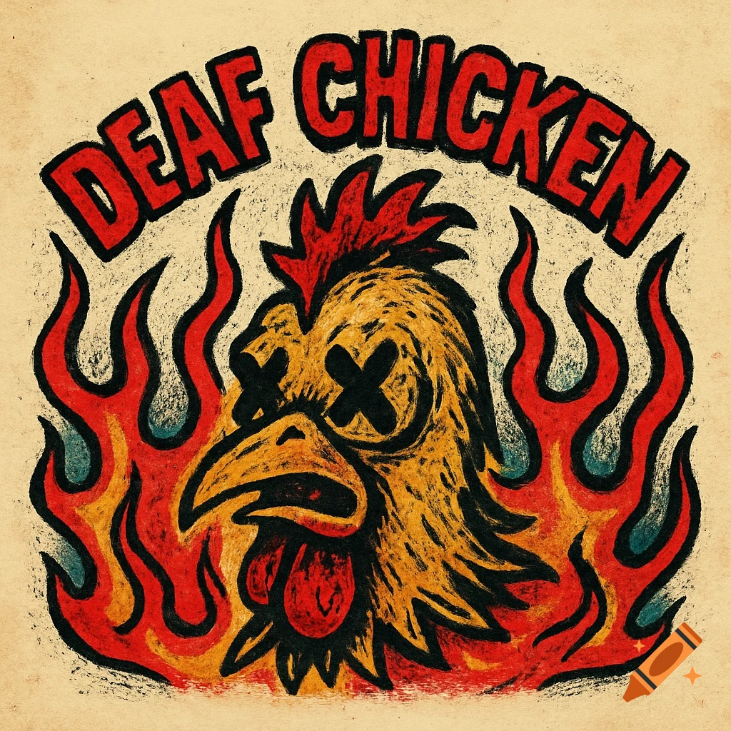 Grunge style logo of a chicken head in flames with DEAF CHICKEN text.