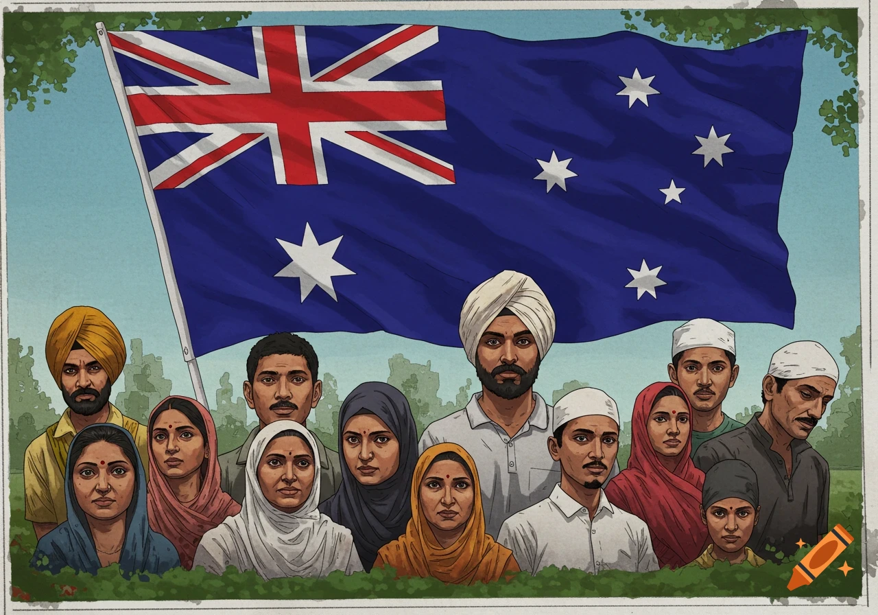 Diverse group of people in front of an upside-down Australian flag.