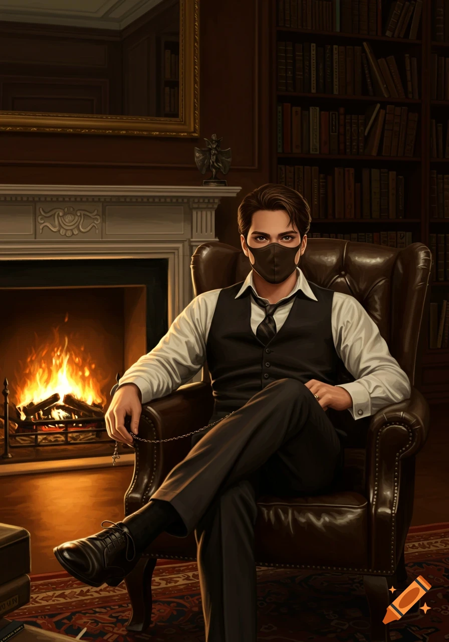 A masked man in a vest and shirt sits in a leather chair by a fireplace in a library, holding a chain.
