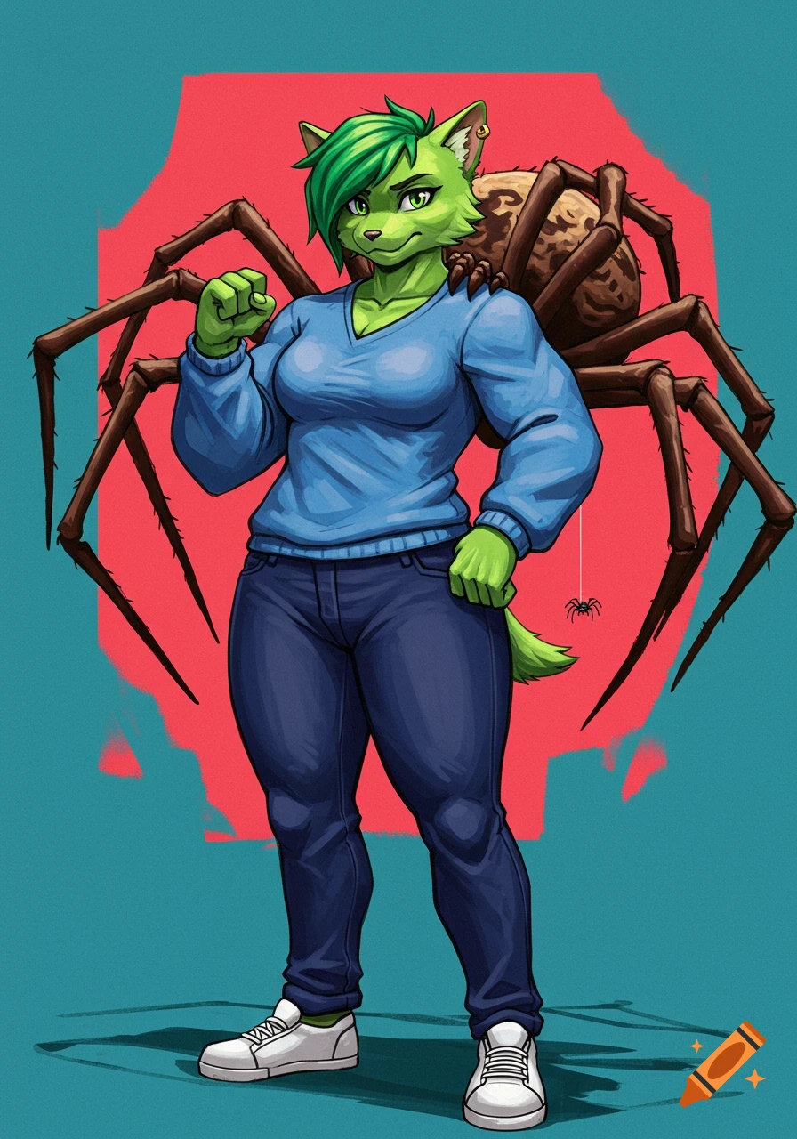 Furry person with green fur and hair, blue sweater, jeans, with a large spider on their back.
