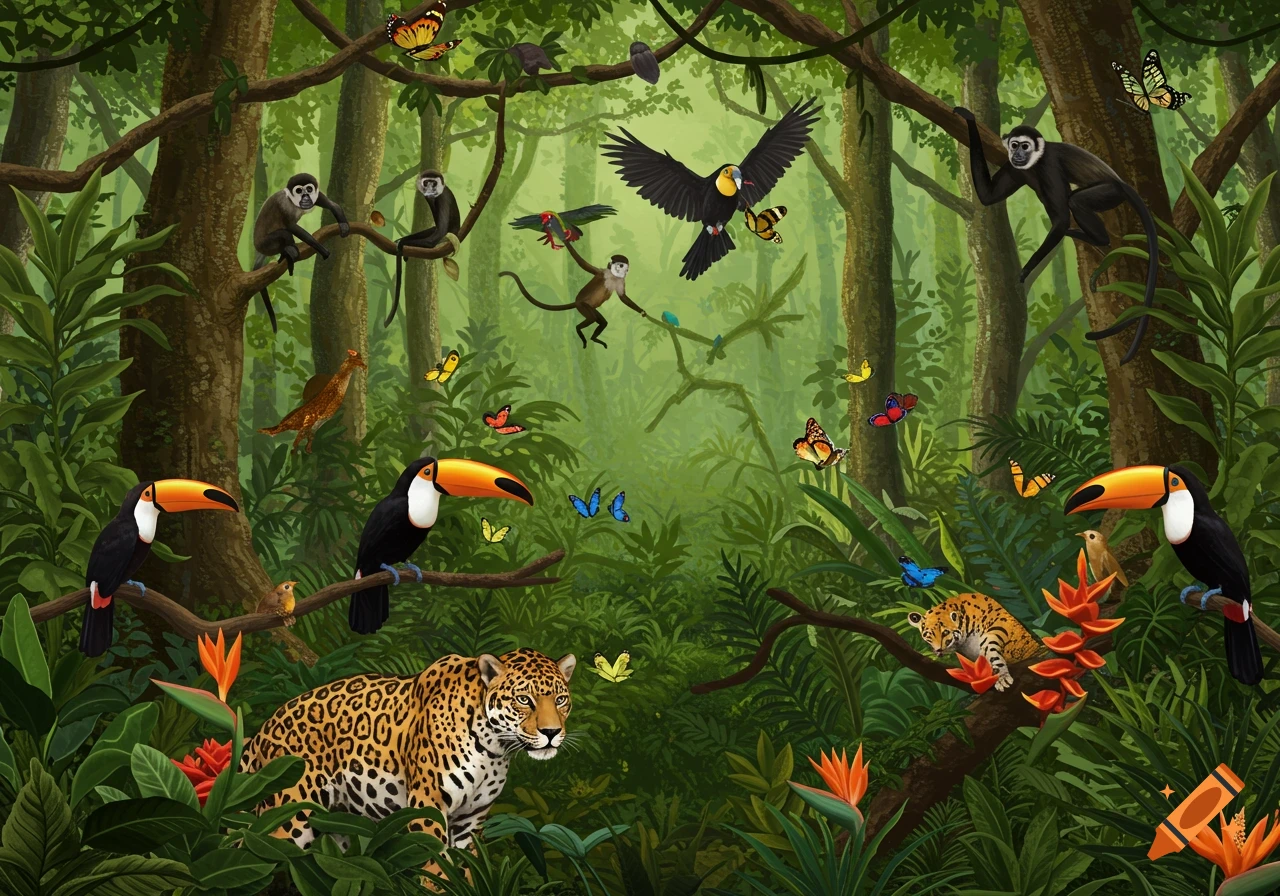 A vibrant rainforest scene with a jaguar, toucans, monkeys, and butterflies.