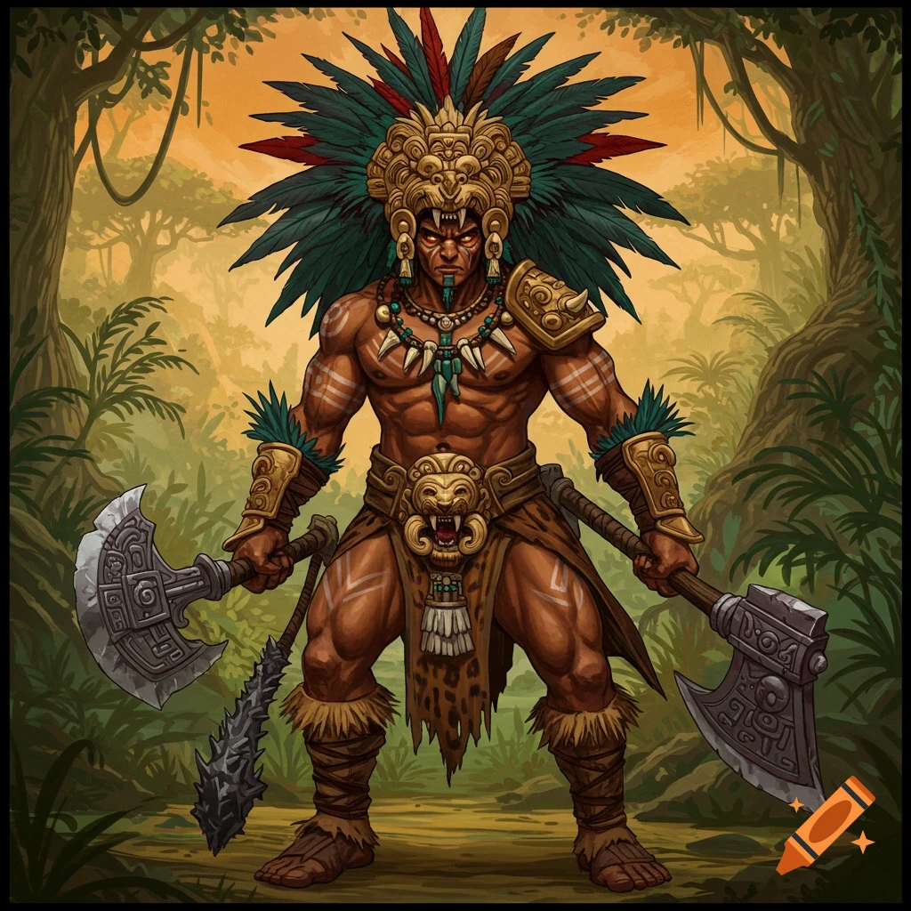 Muscular warrior with feathered headdress, tribal armor, and axes stands in a jungle, illustration.