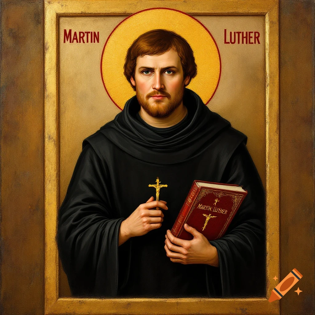 Byzantine-style icon of Martin Luther holding a bible and crucifix with a halo