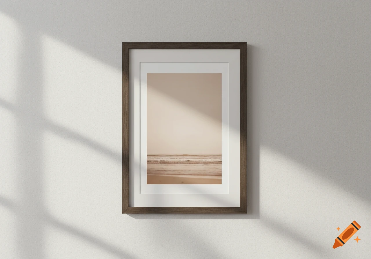 Dark wood framed minimalist beach print on a white wall with shadows.