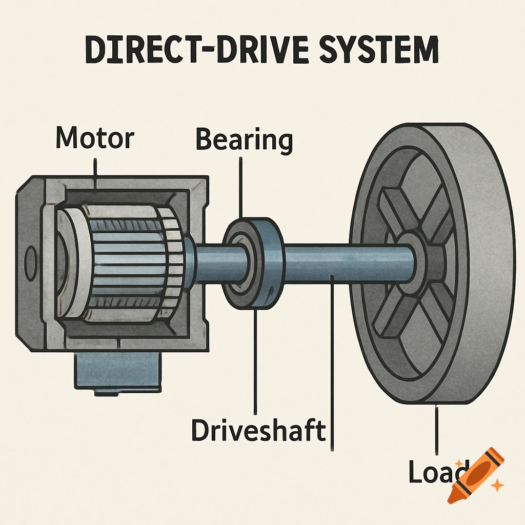 Diagram of a direct-drive system with labels for motor, bearing, driveshaft, and load.