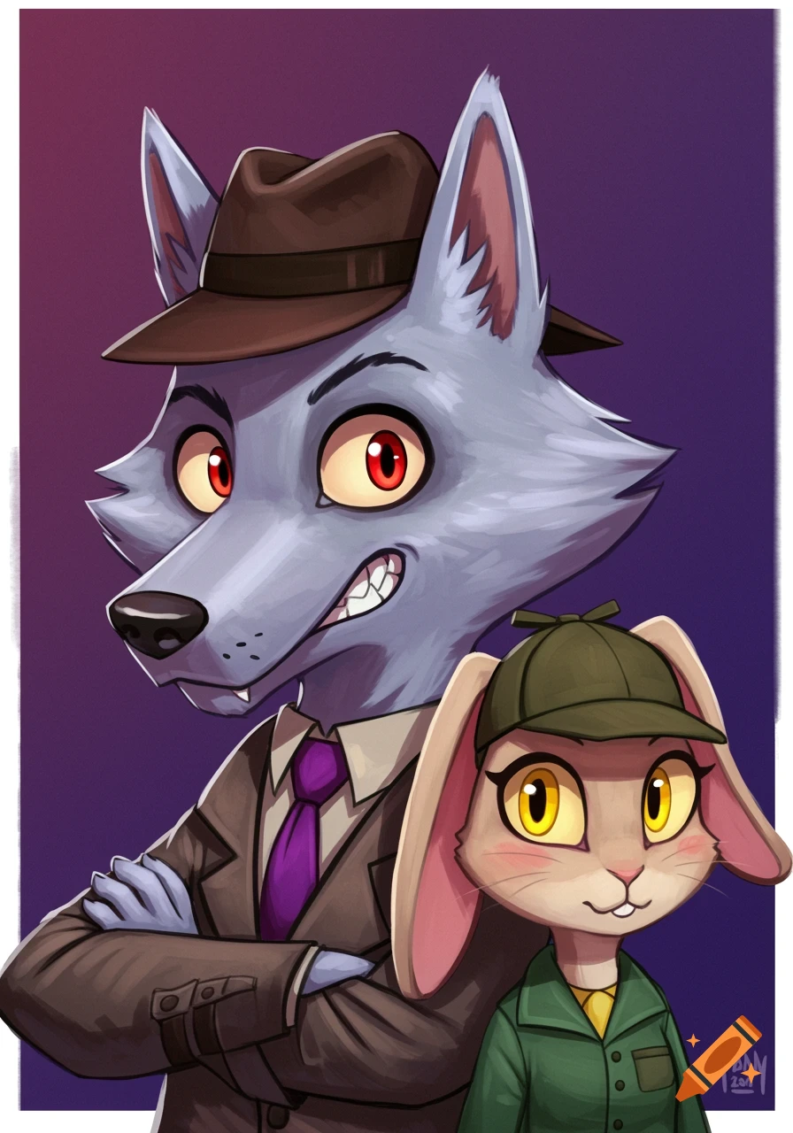 Cartoon wolf and rabbit dressed as detectives.
