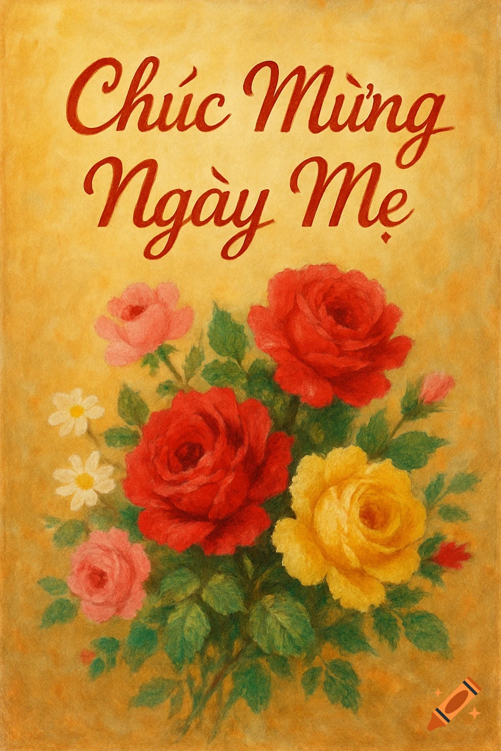 A painted bouquet of red, pink, and yellow roses and daisies on a textured yellow background with the text 'Chúc Mừng Ngày Mẹ'.