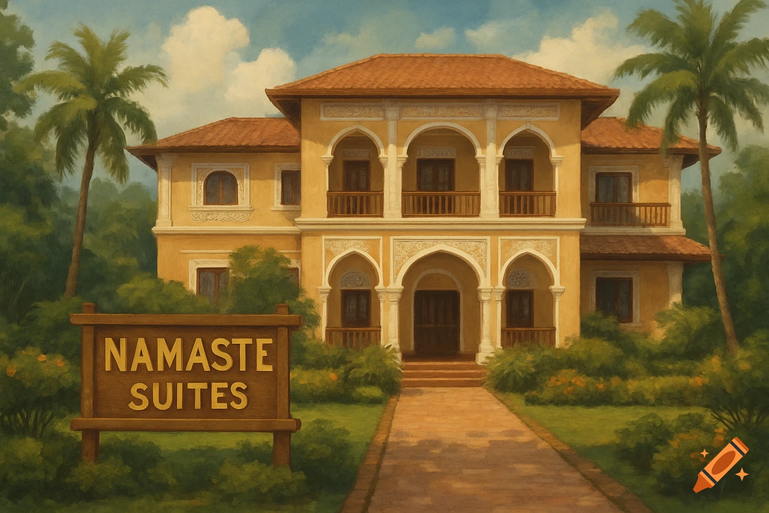 A painterly image of a yellow building with a sign reading 'NAMASTE SUITES', set among trees and palm trees.