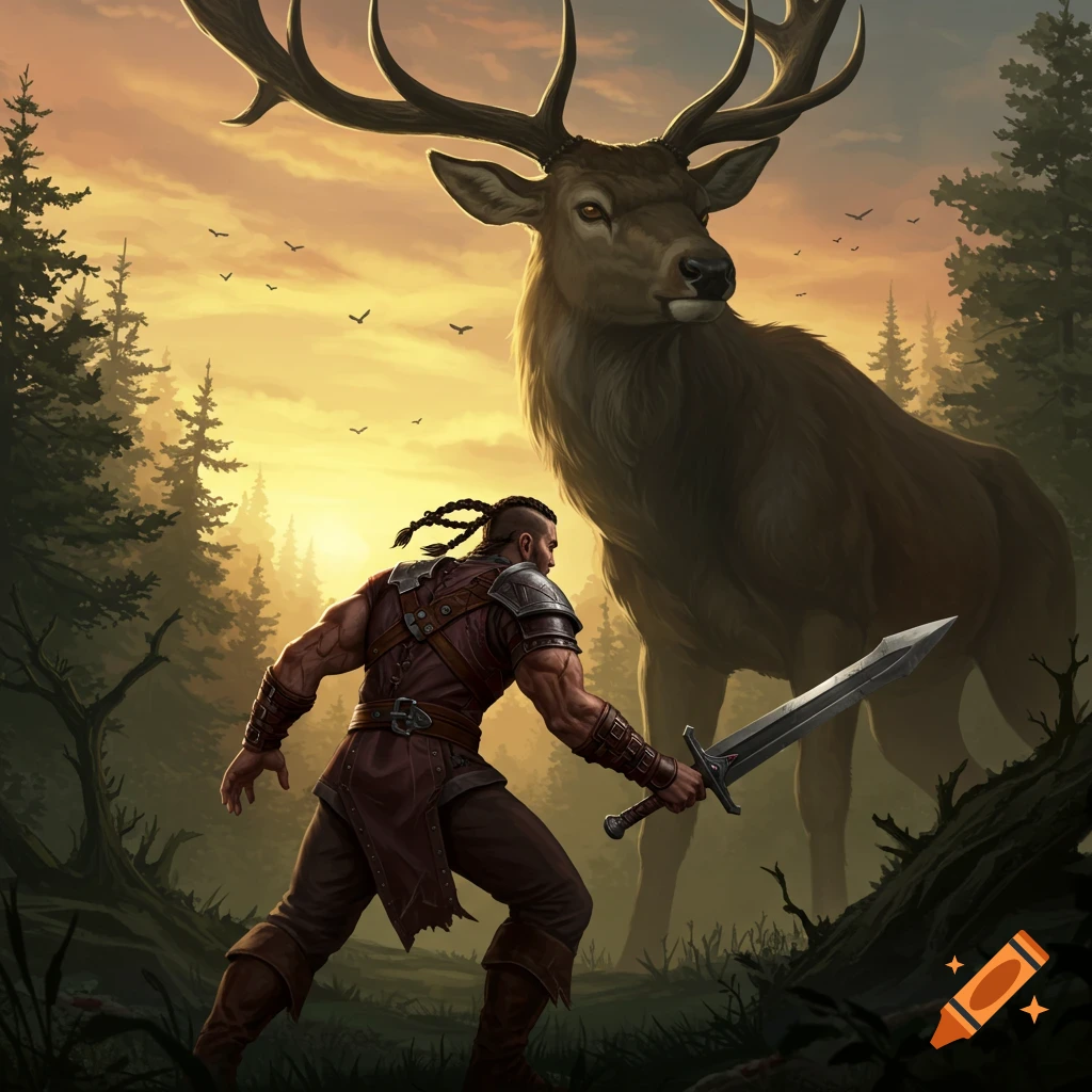A warrior faces a giant deer in a forest at sunset.