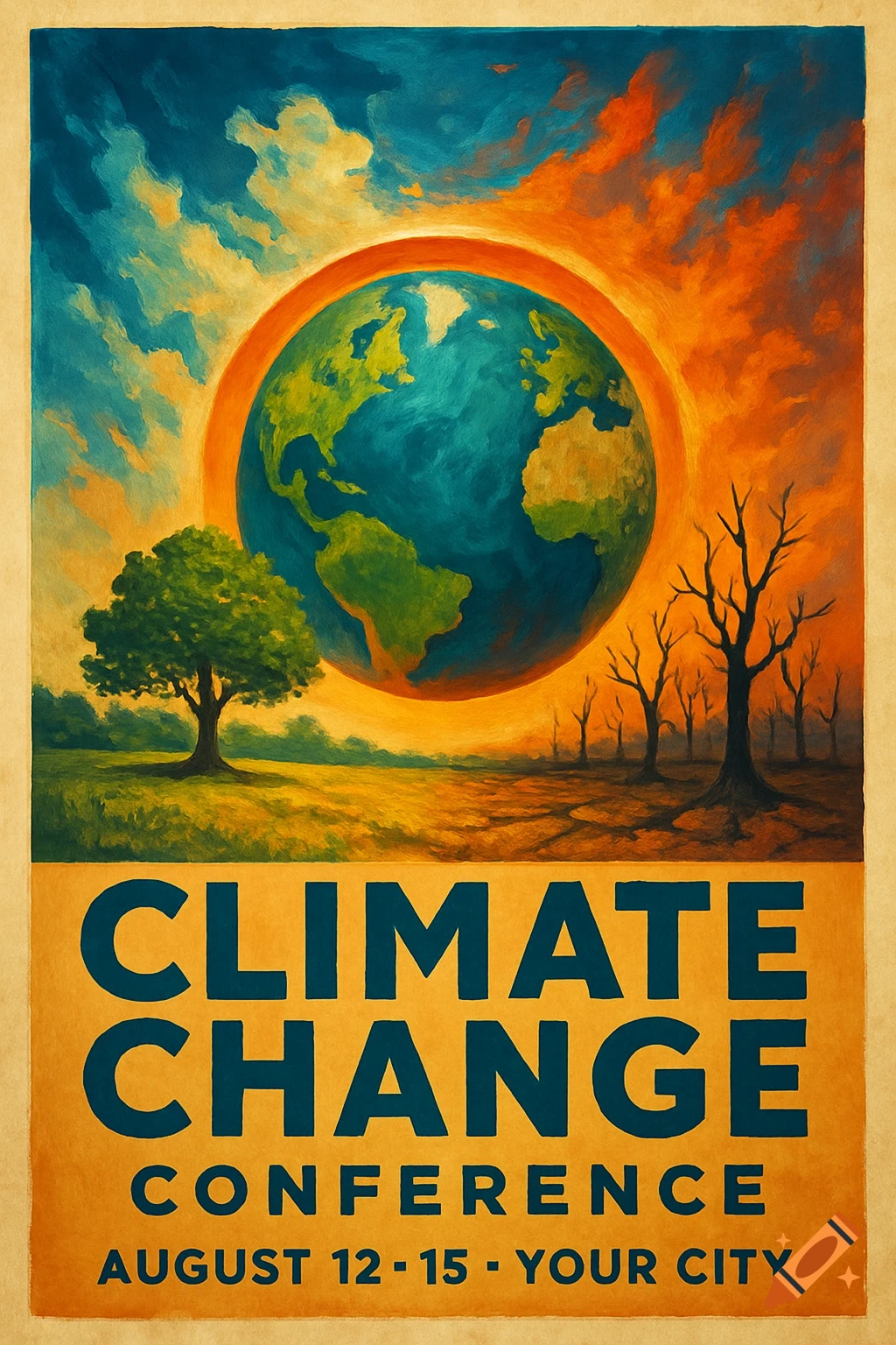 Poster for a climate change conference showing Earth over a landscape with a healthy tree and dead trees, text reads 'Climate Change Conference'.