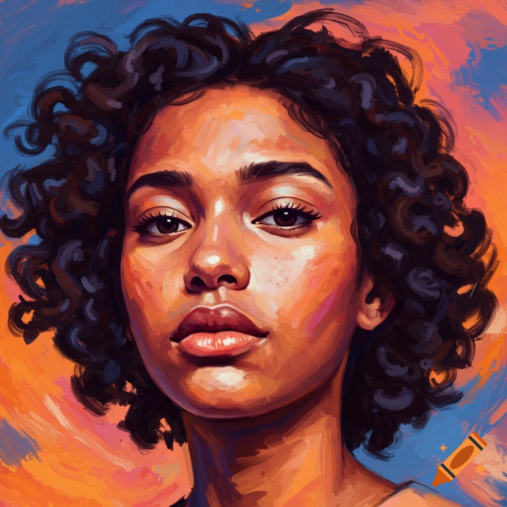 Painted portrait of a young woman with dark curly hair against a blue and orange brushstroke background