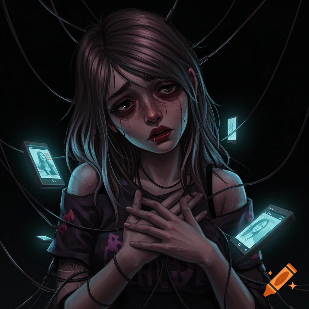 Digital illustration of a distressed young person entangled in wires and phones, symbolizing social media suffocation.