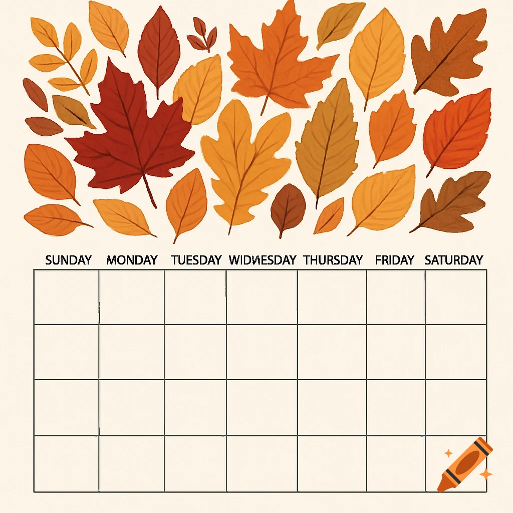 Fall leaves above a calendar grid with days of the week.