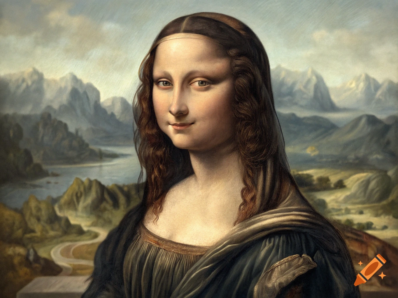 Portrait of a woman resembling the Mona Lisa painting, with a landscape background.