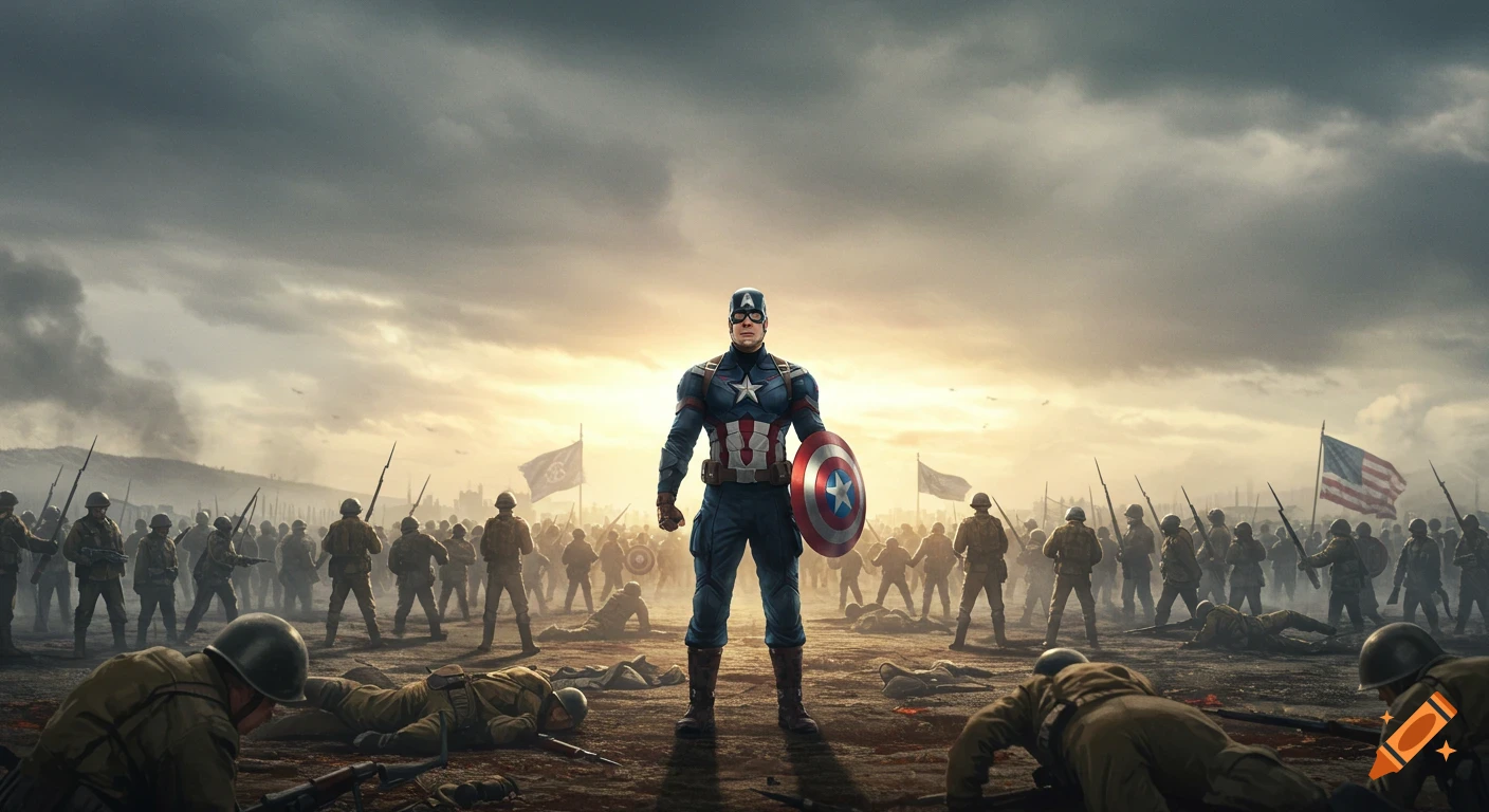 Captain America stands on a battlefield surrounded by soldiers and fallen comrades under a cloudy sky.