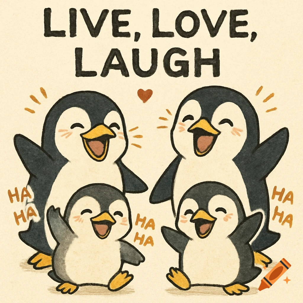 Four cartoon penguins, two adults and two kids, laughing, with the text 'LIVE, LOVE, LAUGH'.