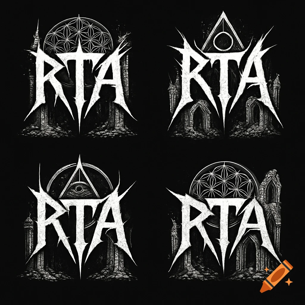 Four metal band logos with the letters RTA in a spikey style, featuring gothic architecture and sacred geometry symbols on a black background.