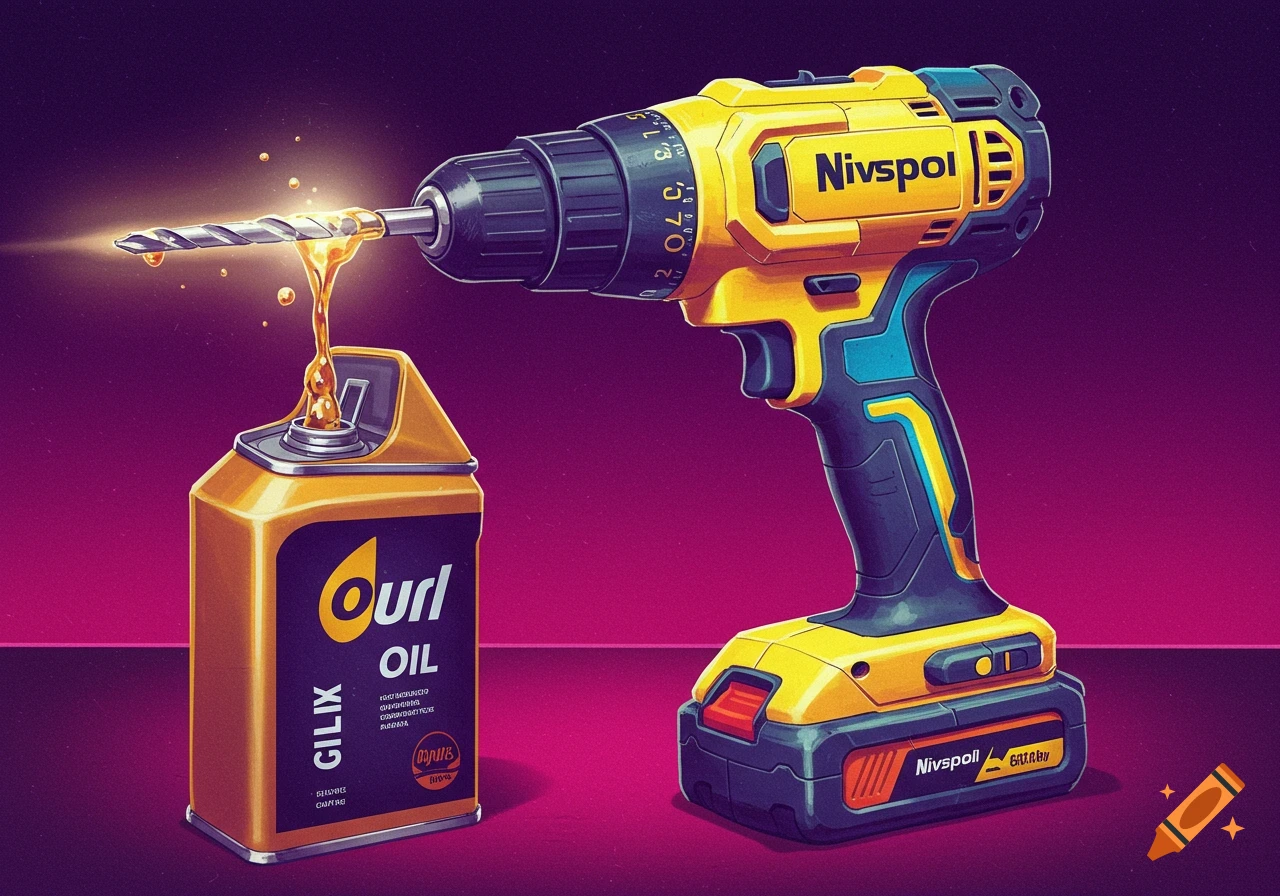 A yellow and black cordless drill positioned over a can of oil, with oil dripping from the drill bit.