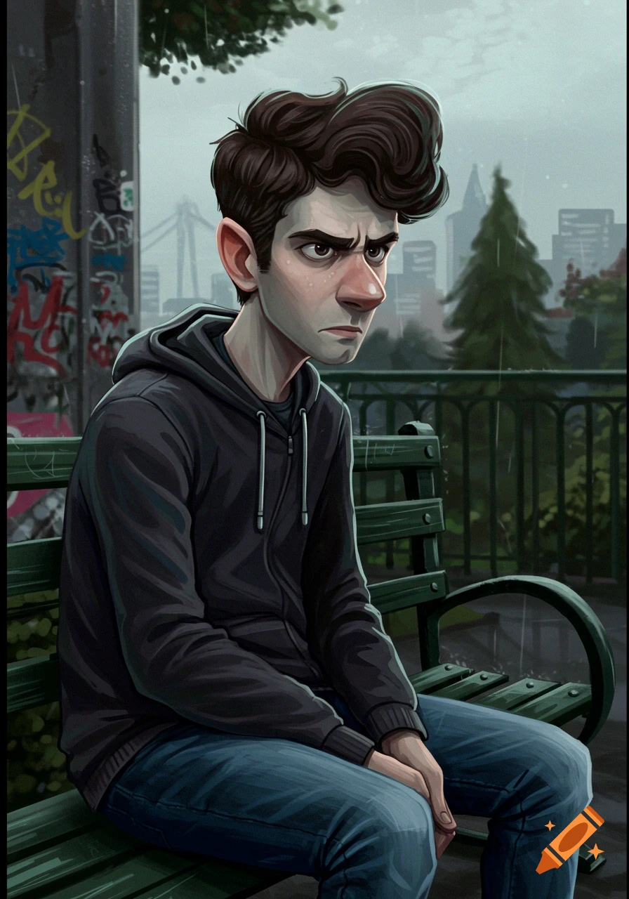A stylized illustration of an angry young man sitting on a park bench in the rain.