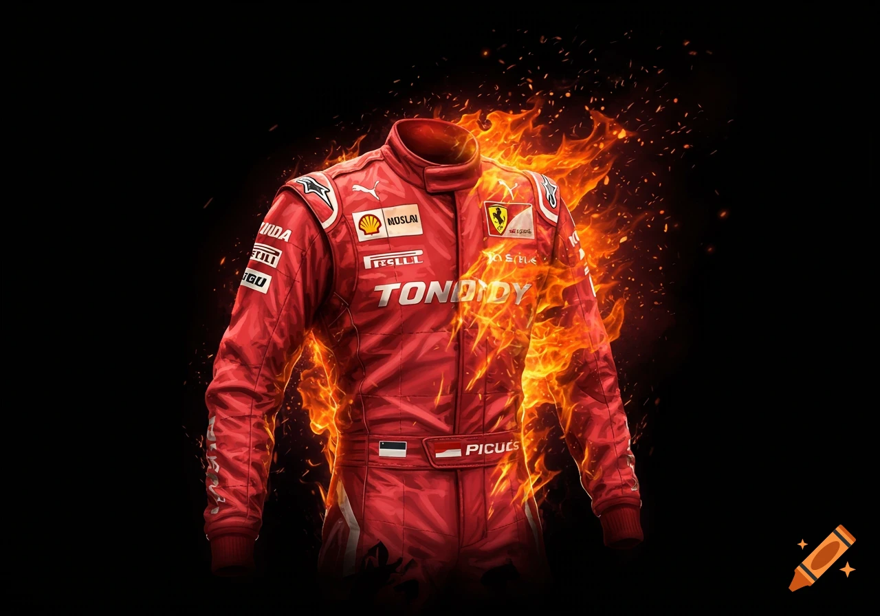 Red racing suit on fire with sparks on a black background.