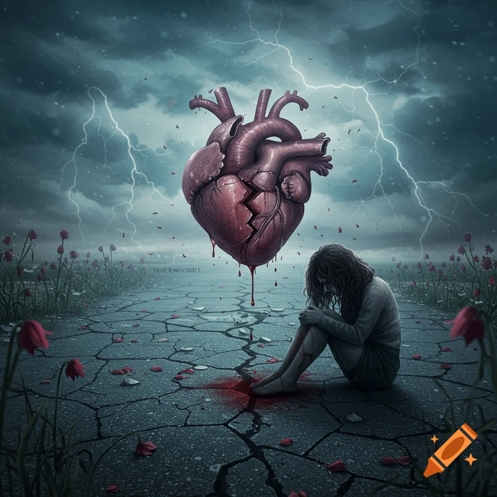 Digital painting of a broken heart floating over a cracked landscape with a sad person under a stormy, lightning-filled sky.