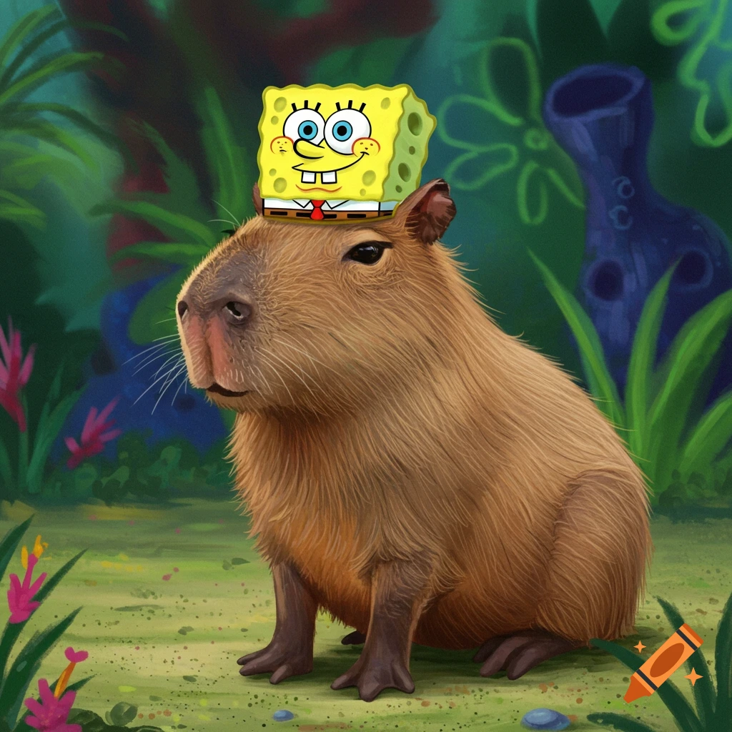 A realistic capybara sits with a Spongebob Squarepants figure on its head in a lush, artistic forest background.