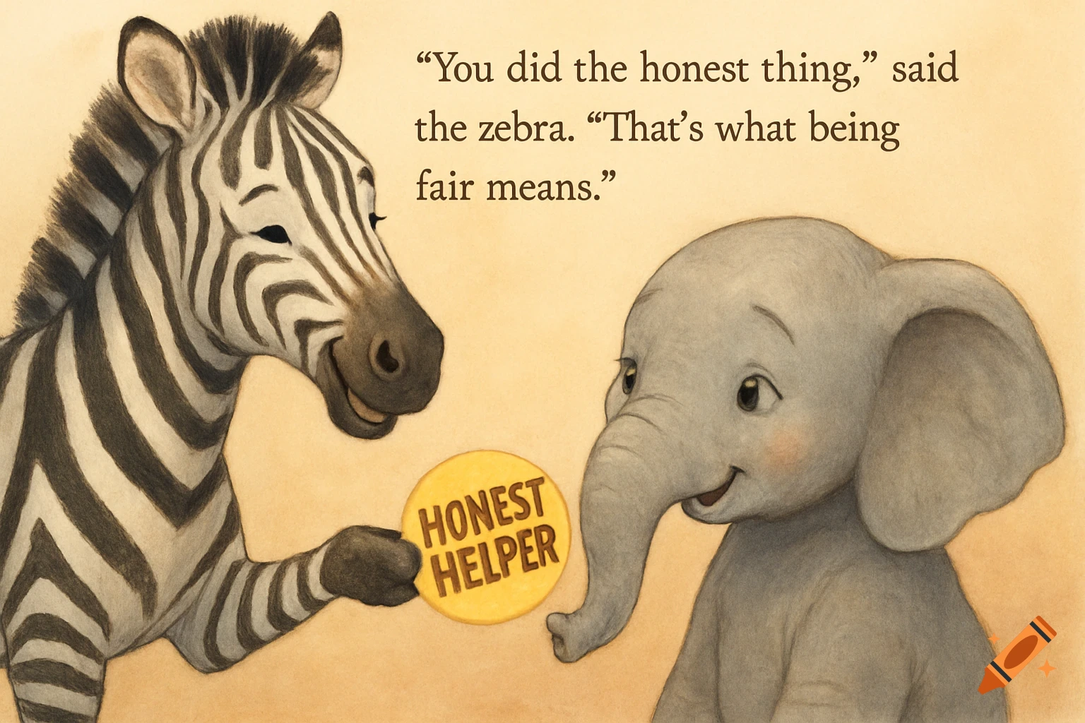 A smiling zebra gives a smiling baby elephant a yellow sticker that says "Honest Helper". Text dialogue is included. Children's book illustration style.