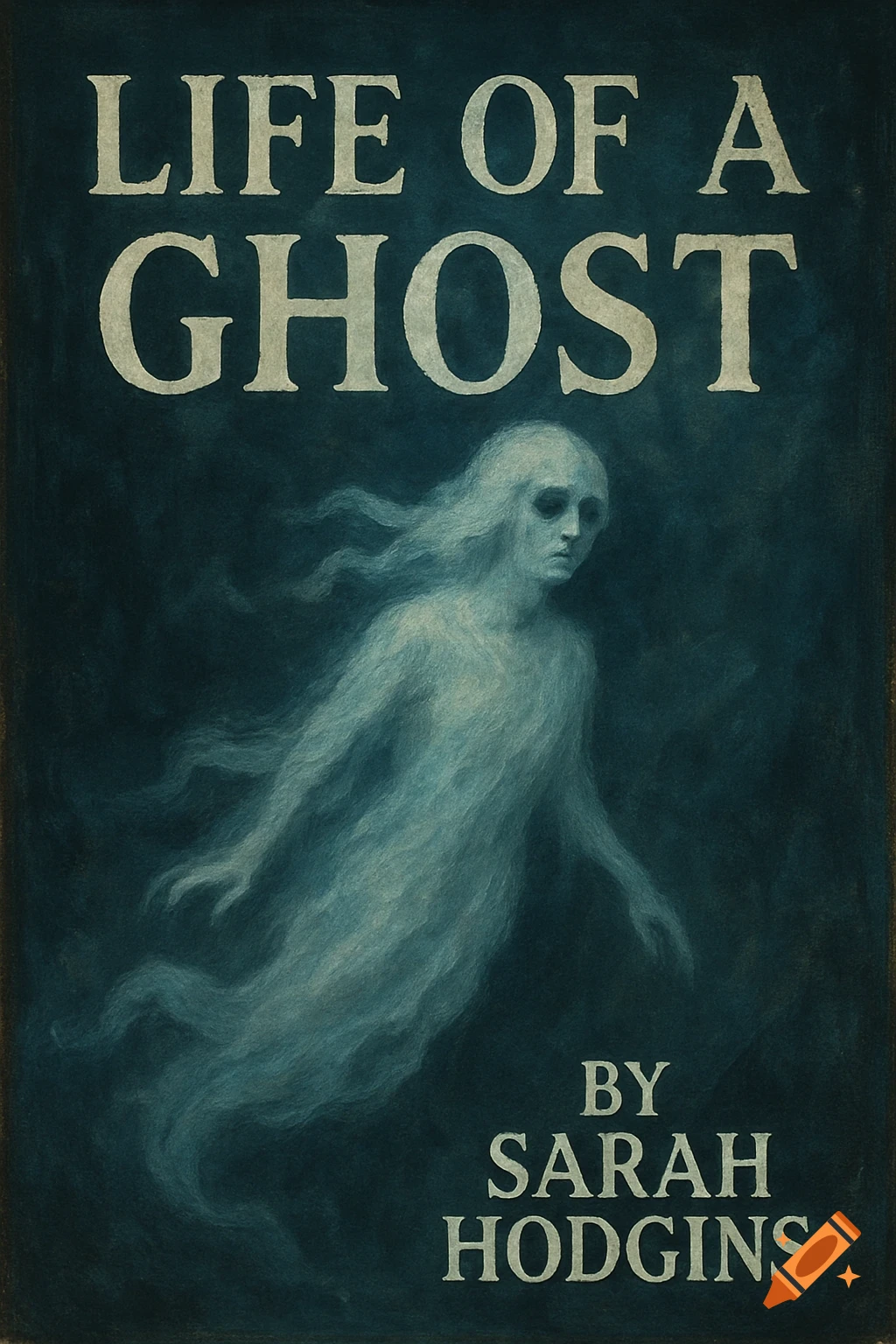 A dark book cover featuring a translucent white ghost figure against a dark blue background. Text reads "Life of a Ghost" and "By Sarah Hodgins".
