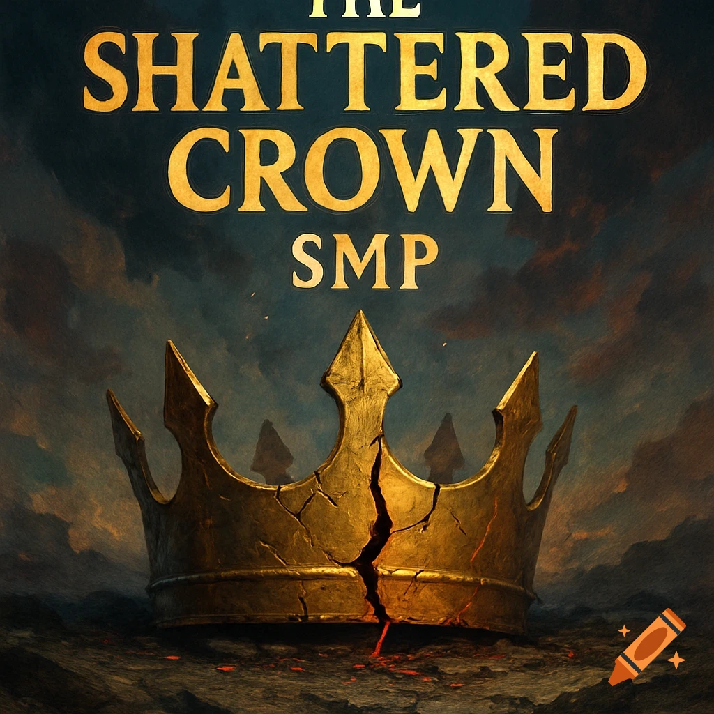 A shattered golden crown sits on dark ground with the text 'THE SHATTERED CROWN SMP' above it against a cloudy sky.