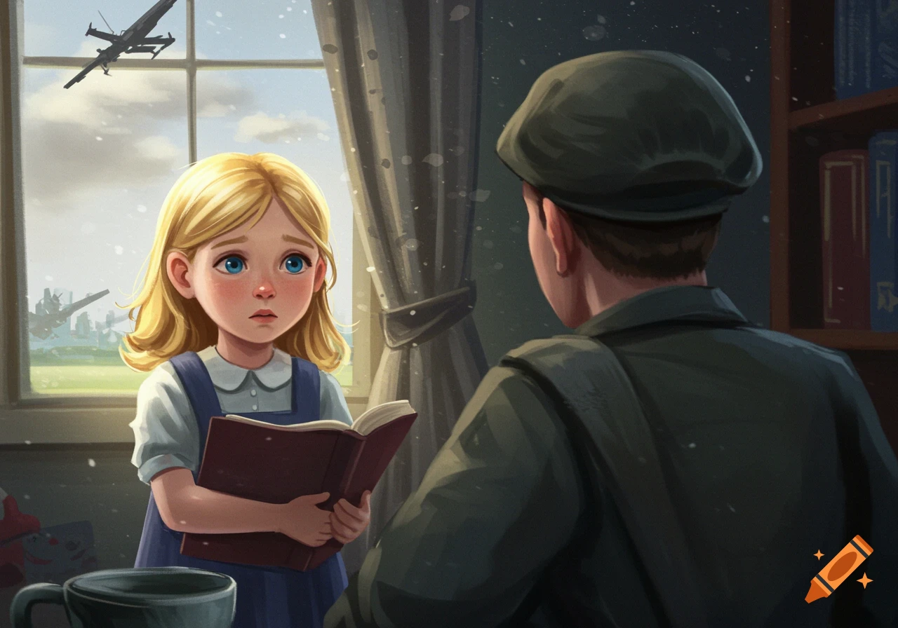 Sad little girl with a book looking at a person's back, with planes visible through a window, illustration.