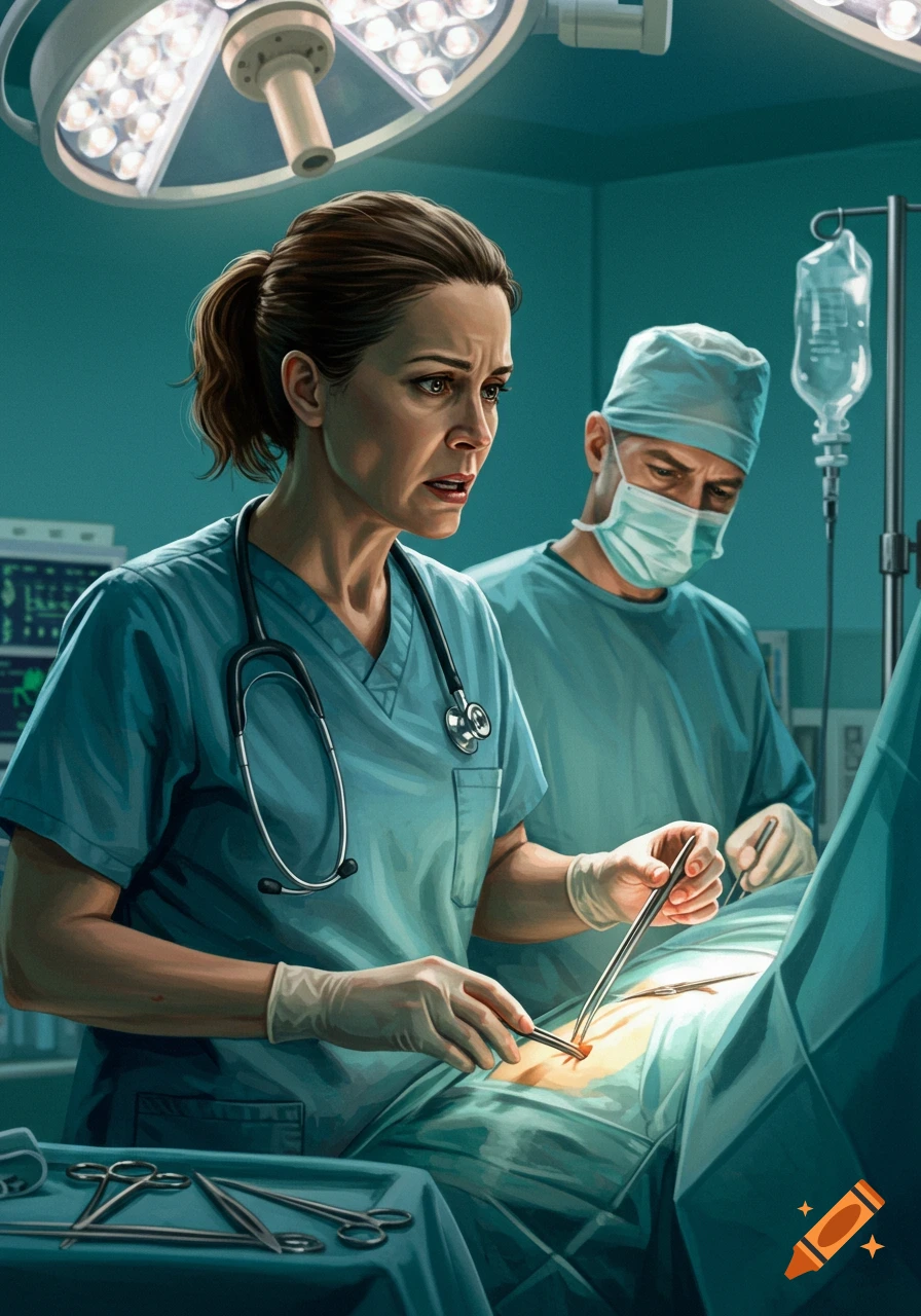 Digital painting of two surgeons operating on a patient in an operating room.