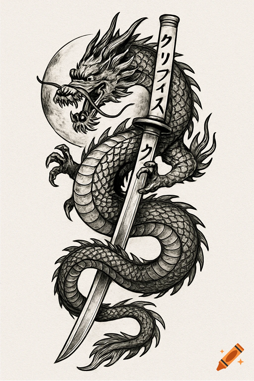 Black and white sketch of a dragon wrapped around a samurai sword with a moon.