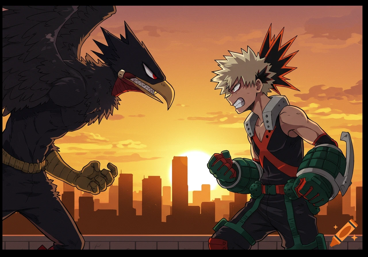 Tokoyami as Dark Shadow and Bakugo from My Hero Academia face off at sunset over a city, anime style.