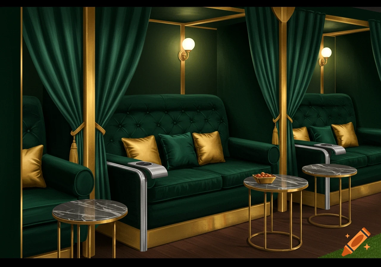 Luxury green velvet seating with gold trim, curtains, and tables in a dark room.
